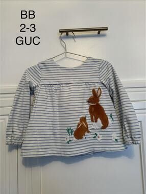 Baby Boden Toddler Girls Long Sleeve Striped Top with Bunny Design Size 2-3